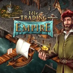 Mô tả hình ảnh: Giao diện game Idle Trading Empire với hình ảnh các công trình sản xuất và tàu thuyền