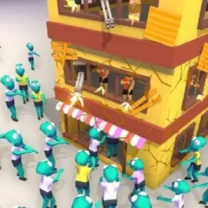 Mô tả ảnh: Hình ảnh giao diện game Idle Zombie Army với đội quân zombie đang tấn công một căn cứ của loài người.