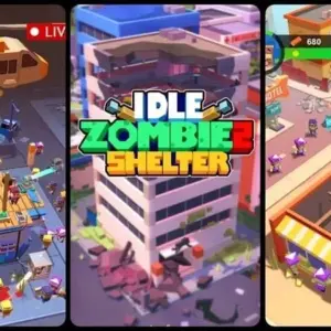 Mô tả ảnh: Hình ảnh giao diện game Idle Zombie Shelter với đồ họa hoạt hình vui nhộn, thể hiện cảnh người chơi xây dựng căn cứ và chiến đấu với zombie.