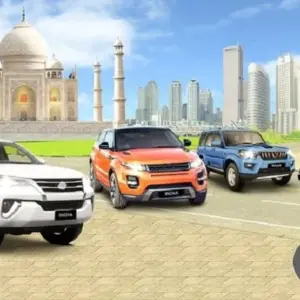 Mô tả hình ảnh: Giao diện game Indian Car Stunt Simulator với một chiếc xe hơi đang thực hiện pha nguy hiểm trên không trung