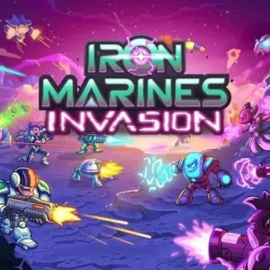 Mô tả hình ảnh: Giao diện chính của game Iron Marines Invasion với các nhân vật và cảnh quan không gian