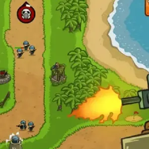 Mô tả hình ảnh: Giao diện game Island Defense với các tháp phòng thủ và quân địch đang tiến tới.
