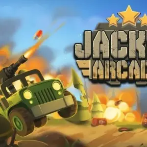 Mô tả hình ảnh: Giao diện game Jackal Retro với một chiếc xe jeep quân sự đang di chuyển trên chiến trường.