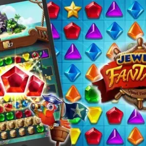 Mô tả hình ảnh: Giao diện game Jewels Fantasy: Quest Temple với các viên ngọc lấp lánh