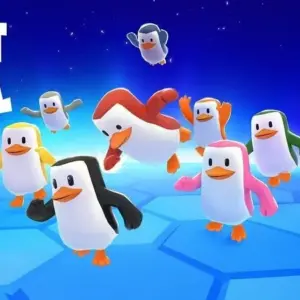 Alt text: Hình ảnh chim cánh cụt trong game JustFall.LOL đang nhảy trên các khối lục giác