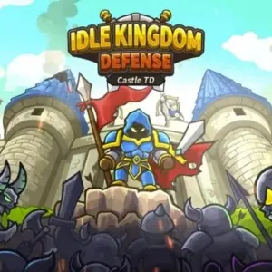 Mô tả hình ảnh về giao diện game Kingdom Defense: Idle TD game với các nhân vật và quái vật đang chiến đấu.