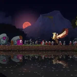 Mô tả hình ảnh về lối chơi của Kingdom Two Crowns với đồ họa pixel và nhân vật vua đang cưỡi ngựa