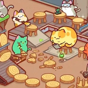 Màn hình game Kitty Cat Tycoon với hình ảnh chú mèo đang làm việc