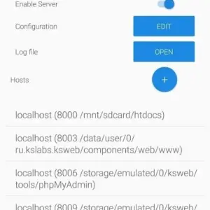 mô tả hình ảnh: Giao diện chính của ứng dụng KSWEB với các tùy chọn như Lighttpd, Nginx, Apache, MySQL, phpMyAdmin...