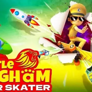 Mô tả hình ảnh: Little Singham đang trượt ván trên đường phố