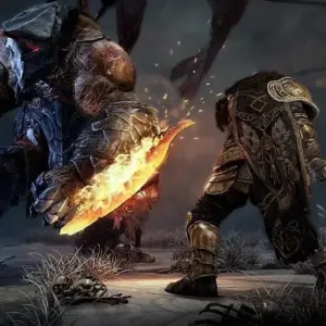 Mô tả hình ảnh: Một chiến binh đang chiến đấu với quái vật trong game Lords of the Fallen