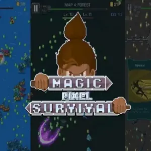 Mô tả hình ảnh: Giao diện game Magic Pixel Survival với nhân vật chính đang chiến đấu với quái vật