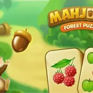 Mô tả hình ảnh: Giao diện chính của game Mahjong Forest Puzzle với hình ảnh chú sóc Rolly đáng yêu.