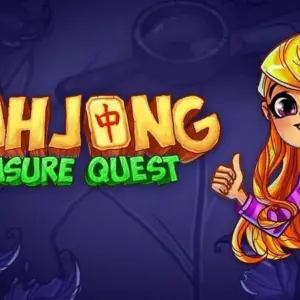 Mô tả hình ảnh: Giao diện chính của game Mahjong Treasure Quest với hình ảnh cô phù thủy nhỏ và bàn chơi Mahjong.