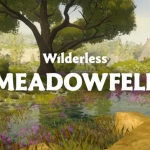 Mô tả hình ảnh: Cảnh quan tuyệt đẹp trong game Meadowfell với đồng cỏ xanh mướt, cây cối tươi tốt và ánh nắng vàng rực rỡ.