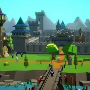 Mô tả hình ảnh về giao diện game Medieval: Idle Tycoon với các công trình kiến trúc thời trung cổ