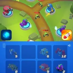 Mô tả hình ảnh: Giao diện chính của game Merge Tower Bots với các robot được sắp xếp trên nền màu xanh dương.