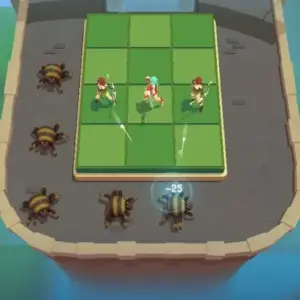 Mô tả hình ảnh: Giao diện chiến đấu trong Merge Tower Defense 3D với các anh hùng và quái vật.