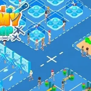 Mô tả hình ảnh: Giao diện game Military Camp với hình ảnh các binh lính đang huấn luyện.