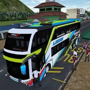 Mô tả hình ảnh: Giao diện game Mobile Bus Simulator với hình ảnh xe buýt đang di chuyển trên đường.