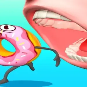 Mô tả hình ảnh: Giao diện game More Snacks! với hình ảnh chiếc bánh donut đang chạy trốn