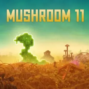 Mô tả hình ảnh: Hình ảnh giới thiệu game Mushroom 11 với sinh vật màu xanh lá cây đang di chuyển trong môi trường đổ nát.