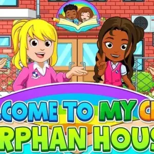 Mô tả hình ảnh: Giao diện bắt đầu của game My City: Orphan House với hình ảnh các em nhỏ đang chơi đùa.