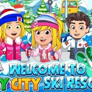 Mô tả hình ảnh: Giao diện game My City: Ski Resort với hình ảnh các nhân vật đang trượt tuyết