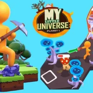 Mô tả hình ảnh: Giao diện game My Little Universe với nhân vật chính đang khai thác tài nguyên