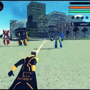 Mô tả ảnh: Nhân vật siêu anh hùng trong game Naxeex Superhero đang bay lượn trên bầu trời thành phố.
