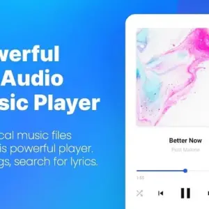 Mô tả hình ảnh: Giao diện chính của ứng dụng Nomad Music với nền tối và các nút điều khiển màu trắng.