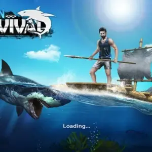 Mô tả hình ảnh: Hình ảnh quảng cáo game Ocean Survival với nhân vật chính đang đứng trên bè gỗ giữa biển khơi.