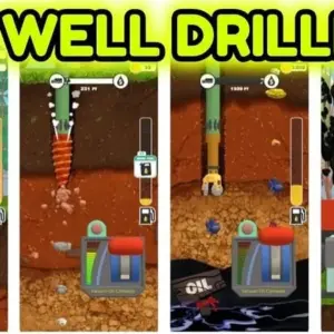 Mô tả hình ảnh: Giao diện game Oil Well Drilling với máy khoan và dầu mỏ