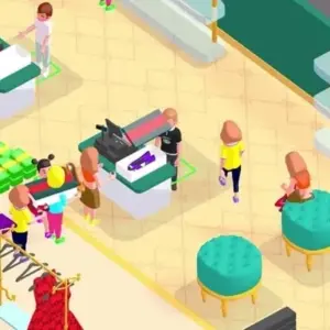 Mô tả hình ảnh: Giao diện game Outlets Rush với hình ảnh một trung tâm thương mại sầm uất, người mua kẻ bán tấp nập.