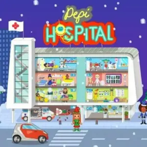 Mô tả hình ảnh: Giao diện chính của game Pepi Hospital với các nhân vật hoạt hình dễ thương.