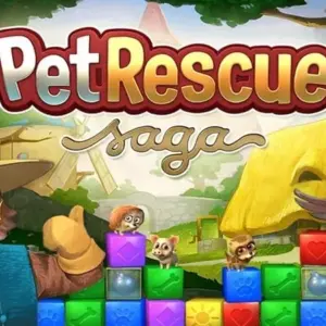 mô tả hình ảnh: Giao diện game Pet Rescue Saga với các khối màu sắc và thú cưng