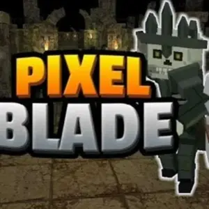 Mô tả hình ảnh: Hình ảnh giao diện chính của game Pixel Blade M - Season 5 với nhân vật chính và các nút điều khiển.