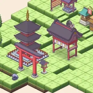 mô tả hình ảnh: Giao diện game Pixel Shrine Jinja với hình ảnh ngôi đền pixel art