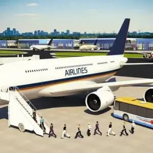 Mô tả hình ảnh: Giao diện game Plane Simulator 3D với hình ảnh một chiếc máy bay đang chuẩn bị cất cánh