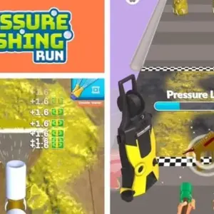 Mô tả hình ảnh: Giao diện game Pressure Washing Run với một người đang sử dụng máy rửa áp lực để làm sạch một bức tường bẩn.