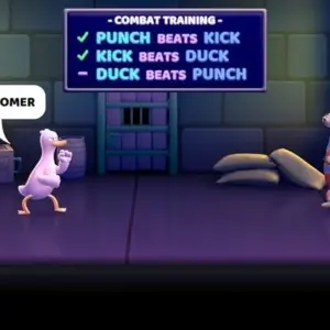 Mô tả hình ảnh: Giao diện game Punch Kick Duck với chú vịt đang tung cước đá bay đối thủ.