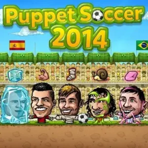 Mô tả hình ảnh: Giao diện game Puppet Soccer 2014 với hai cầu thủ rối đang thi đấu