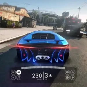 Mô tả hình ảnh: Giao diện game Real Car Driving với một chiếc xe thể thao màu đỏ đang di chuyển trên đường đua.