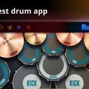 Mô tả hình ảnh: Giao diện chính của ứng dụng Real Drum với bộ trống điện tử đầy đủ.