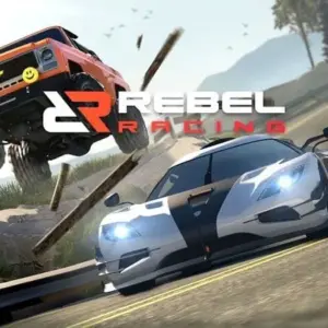 Mô tả hình ảnh: Giao diện game Rebel Racing với một chiếc xe đua màu xanh đang drift trên đường