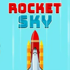 Mô tả ảnh: Hình ảnh game Rocket Sky! với tên lửa đang bay lên trời xanh