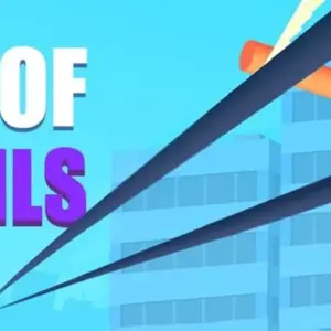 Mô tả hình ảnh: Giao diện game Roof Rails với nhân vật đang di chuyển trên thanh gỗ nối giữa hai tòa nhà