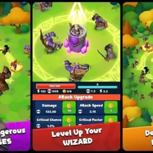 Mô tả hình ảnh: Giao diện game Royal Mage Idle Tower Defence với hình ảnh pháp sư và quái vật