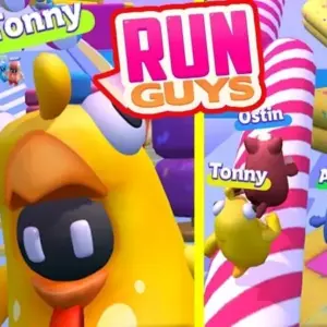 Mô tả hình ảnh: Giao diện game Run Guys với nhiều nhân vật đầy màu sắc đang chạy đua