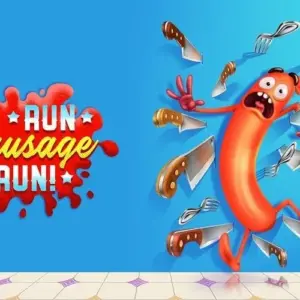 Mô tả hình ảnh: Giao diện game Run Sausage Run với nhân vật xúc xích đang chạy